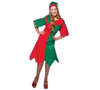My Illusions Womens Elf Costume Dress Hat and Stockings Christmas Ladies Fancy Dress Adults Festive Costume Outfit (Red&Green, UK 16-20)
