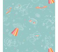 My Kingdom Children's Space Explorer Wallpaper - Turquoise Orange Planets Dinosaur Animals - Modern Paste The Wall