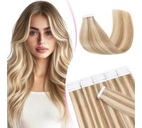 MY-LADY 20pcs Invisible Seamless Tape in Hair Extensions Human Hair Highlighted - Remy Straight Real Hair #12/613 Golden Brown Mix Bleach Blonde - 16 Inch 50g