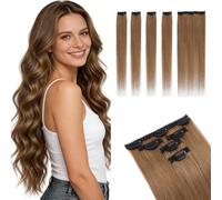 MY-LADY 4PCS Single Clip in Hair Extensions Real Human Hair + 1PC 3Clips Real Hair Extensions Clip in 5PCS Set Clip in Hairs Extension for Women Face Framing & Volume 18 Inch 52g #6 Light Brown
