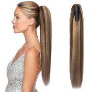 MY-LADY Claw On Ponytail Extension 14 Inch Straight Clip In Pony Tail Layered Drawstring Ponytail #4/27 Medium Brown Mix Dark Blonde Real Human Hair Extensions for Women Daily Wear 105g