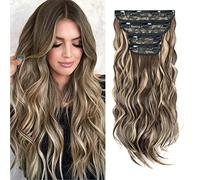 MY-LADY Clip in Hair Extensions 4PCS Thick Hairpiece Long Wavy Curly Clip on Extensions Full Head Synthetic Fiber Hair Pieces for Women, 22 Inches 180g, Dark Brown mix Ash Blonde