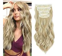 MY-LADY Clip in Hair Extensions 4PCS Thick Hairpiece Long Wavy Curly Clip on Extensions Full Head Synthetic Hair Pieces for Women, 22 Inches 180g, Ash Blonde with Bleach Blonde Highlights