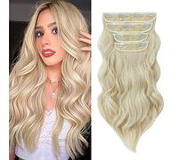 MY-LADY Clip in Hair Extensions 4PCS Thick Hairpiece Long Wavy Curly Clip on Extensions Full Head Synthetic Fiber Hair Pieces for Women, 22 Inches 180g, Bleach Blonde