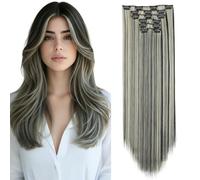 MY-LADY Clip in Hair Extensions 6PCS 16Clips Thick Hairpiece Long Straight Full Head Synthetic Fiber Fake Hair Pieces for Women, 24 Inch 140g,Grey mix Blonde