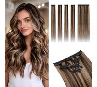 MY-LADY Clip in Human Hair Extensions 5 Pieces-(4 Single Clip+1 Three Clips) Clip in Short HairExtension for Thin Hairs Mini Clip ins Hairpiece 16 Inch #2/6 Dark Brown Mix Light Brown 46g