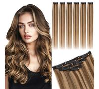 MY-LADY Clip in Human Hair Extensions Double Lace Weft Single Clip Remy Highlights Hairpieces for Women #4/27 Medium Brown Mix Dark Blonde Straight Hair Extensions Clip in 18 Inch 44g
