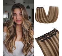 MY-LADY Hair Extensions Clip in 3PCS Medium Brown Mix Dark Blonde 14 Inch Long Straight Full Head Clip in Hair Extension Hair Pieces for Women & Girls Add Volume Length 66g