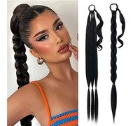 MY-LADY Long DIY Braided Ponytail Extension with Elastic Tie Straight Wrap Around Braid Hair Extensions Pony Tail Soft Synthetic Hairpiece for Women 32 inch Natural Black