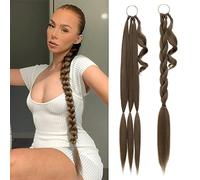 MY-LADY Long DIY Braided Ponytail Extension with Elastic Tie Straight Wrap Around Braid Hair Extensions Pony Tail Soft Synthetic Hairpiece for Women 34 inch Chocelate Brown mix Ash Blonde