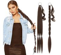 MY-LADY Long DIY Braided Ponytail Extension with Elastic Tie Yaki Straight Wrap around Braid Hair Extensions Pony Tail Synthetic Hairpiece 34 inch Chocelate Brown