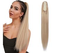 MY-LADY Ponytail Extensions 22 Inch Long Claw Clip Ponytail Extensions Real Human Straight Drawstring Pony Tails Hair Extensions for Women #18/613 Ash Blonde Mix Bleach Blonde 120g
