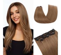 MY-LADY Real Hair Extensions Clip in Human Hair Straight Light Brown Lace Weft Clip in Hair Extensions 3PCS Full Head Set 12 Inch (60g)