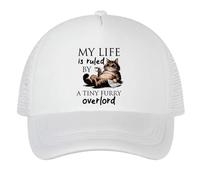 My Life Is Ruled by A Tiny Furry Overlord | Kitten Lover Humour Gift for Cat Mum or Dad, Pet Parent, Animal Lover, Adjustable Mesh Cap, Baseball Cap, Hat. (White)