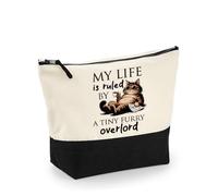 My Life is Ruled by A Tiny Furry Overlord | Kitten Lover Humour Gift for Cat Mum, Pet Parent, Animal Lover, Makeup Bag, Canvas Accessory Bag. (Natural Black, M)