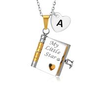 My Little Star Book Necklace, Daughter Books Necklaces with Initial A-Z Heart Pendant, For Daughter - I'm Always with You Book Necklace, Openable 6 Pages Engraved Information Necklaces