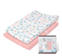 My Little Zone 100% Cotton Changing Pad Cover for Baby Girls, Flamingo - Breathable Bassinet, Mini Crib Mattress Fitted Sheets - Jungle Leaves, 32"x16" with 8" Deep Pocket, White-Coral Pink, 2 Pack