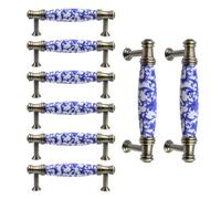MY MIRONEY Vintage Blue Floral Ceramic Cabinet Pulls with Bronze Base 3.78" Hole Center Kitchen,Room,Wardrobe,Bathroom Handle,8 PCS Cabinets Handles & Screws