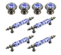 MY MIRONEY Vintage Elegant Ceramic Drawer Pulls and Knobs Blue and White Porcelain & Zinc Alloy Handles for Cabinets and Drawers,4 PCS 3" Hole Centers + 4 PCS 1.26" Circular Handle