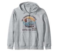 My Morning Starts with Coffee Jesus Tshirt Bible Christian Zip Hoodie