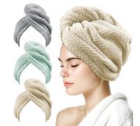 my novel things 3 Pack Hair towel wrap for women, Microfiber Hair Towel, Super Absorbent Hair Towel Wrap, Quick Dry Hair Towels with Button for Curly Hair Anti Frizz 25.4 X 9.8inch(Camel,Green,Gray)