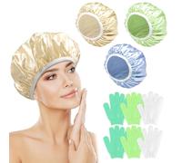 my novel things Shower Cap Reusable Waterproof 3PC with Exfoliating Glove 3 Pairs, Large Shower Caps for Women Girls Satin Lined Long Hair Locs Curly All Hair for Spa Home Salon Use