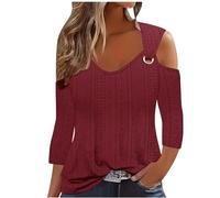 My Order 2024 Sexy Cold Shoulder Tops for Women UK Fall Fashion 3/4 Sleeve V Neck Tunic Shirts Ladies Elegant Hollow Out Eyelet Blouse Dressy Casual Solid Color Loose Fit Tee Shirts