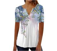 My Order 2024 Summer T Shirts for Women UK Short Sleeve Button Up V Neck Tops Trendy Pleated Henley Tunic Shirts Dressy Casual Butterfly Floral Print Blouse Ladies Elegant Going Out Tee