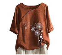 My Order Linen Tops for Women UK Summer Short Sleeve Cotton Linen Shirts 2024 Fashion Crew Neck Button Blouses Dressy Casual Dandelion Print T-Shirts Ladies Elegant Loose Fit Tee