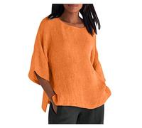 My Order Oversized Linen Shirts for Women UK 3/4 Sleeve Crewneck Tops 2024 Summer Casual Cotton Linen Blouses Plus Size Tee Shirts Ladies Elegant Loose Fit T-Shirts