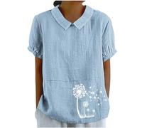 My Order Summer Linen Tops for Women UK Casual Dandelion Print Shirts 2024 Dressy Short Sleeve Lapel Neck Blouses Ladies Solid Oversized T-Shirts Going Out Blouses