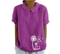 My Order Summer Linen Tops for Women UK Casual Dandelion Print Shirts 2024 Dressy Short Sleeve Lapel Neck Blouses Ladies Solid Oversized T-Shirts Going Out Blouses