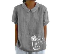My Order Summer Linen Tops for Women UK Casual Dandelion Print Shirts 2024 Dressy Short Sleeve Lapel Neck Blouses Ladies Solid Oversized T-Shirts Going Out Blouses