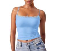 My Order Today's Deals of The Day Vest Tops Women UK Adjustable Spaghetti Straps Y2K Crop Tank Tops Solid Color Slim Fit Blouse Lace Scoop Neck Sleeveless Tee Sales Today Clearance Light Blue
