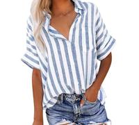 My Order Womens Linen Shirts UK Short Sleeve Button Down Lapel Neck Tops Summer Casual Striped Print Blouses 2024 Fashion Loose Fit Tee Shirts Ladies Elegant Tops