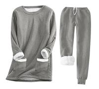 My Orders 2 Piece Outfits for Women UK Winter Long Sleeve Fleece Pullover Tops Casual Crewneck Solid Warm Pockets Sweatshirt and Thick Drawstring Sweatpants Sets Tracksuit
