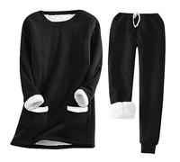 My Orders 2 Piece Outfits for Women UK Winter Long Sleeve Fleece Pullover Tops Casual Crewneck Solid Warm Pockets Sweatshirt and Thick Drawstring Sweatpants Sets Tracksuit