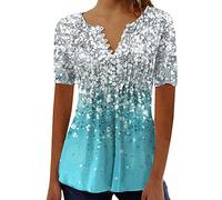 My Orders 2024 Summer T Shirts for Women UK Short Sleeve Button Up V Neck Tops Trendy Pleated Henley Tunic Shirts Dressy Casual Butterfly Floral Print Blouse Ladies Elegant Going Out Tee