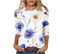 My Orders 2025 Spring Shirts for Women UK Casual 3/4 Sleeve Crewneck Tunic Tops Dressy Trendy Lightweight Loose Fit Blouse Funny Floral Printed T-Shirt Classic Going Out Tee
