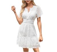 My Orders Amazon UK Ladies Summer Dresses UK Petite Short Sleeve Casual Boho midi Sundress v Neck Hollow Out Eyelet Ruffle Swing a line Flowy Dress Holiday Essentials Beach Vacation Dresses White