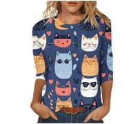 My Orders Blouse for Women UK Cute Cats Print Tunic Tops 2025 Summer Fashion Round Neck Shirts Dressy Casual 3/4 Sleeve Tops Comfy Lightweight Loose Fit T-Shirt Going Out Tee