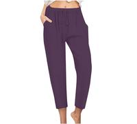 My Orders Cotton Linen Trousers Womens 3/4 Length Trousers Cropped Drawstring High Waist Capris Cherry Berry Plain Pant with Pockets Elasticated Waist Pedal Pushers Bottoms Bengaline Cut Off, S-XXL
