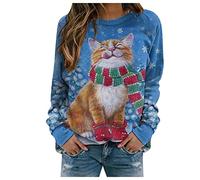 My Orders Delivery Personalised Sweatshirt Women Women's Pullover Fashion Casual Christmas Cat Printed Pattern O Neck Long-Sleeved Warm Good Sales Boxing Day (Blue, XXL)