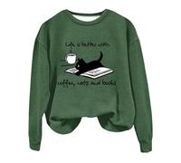 My Orders Delivery Sweatshirts for Women UK Oversized Coffee Cat And Book Print Women's Hooded Sweatshirt Crew Neck Pullover Fun Christmas Todays offers Special Deals (Green, M)