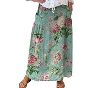 My Orders Items Skirts for Women UK Women's Retro Floral Art Linen Elastic Waistband Pocket Skirt Long Boho Skirt Elastic Waist Skirts for A Line Pretty Fashion Mint Green