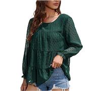 My Orders Ladies Tops UK Clearance Lantern Long Sleeve Round Neck Shirts Solid Color Swiss Dot Chiffon Blouse Elegant Dressy Tunic Shirt Ruffled Loose Casual T Shirt Work Party Top Fall Pullover