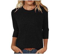 My Orders Ladies Tops UK Clearance Womens 3/4 Sleeve Tops Ribbed Knit Shirts Sweater Round Neck Sweatshirt Ladies Lightweight Jumpers Solid Color Casual Loose Tunic Top Deals of The Day Black