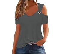 My Orders Ladies Tops Women's Summer Blouses Cold Shoulder Short Sleeve Tops Loose Casual Tunic T-Shirts for Women UK Elegant Office Work Blouse V Neck Eyelets Tee Shirt Solid Color Loose Top Gray