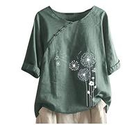 My Orders Linen Tops for Women UK Summer Short Sleeve Cotton Linen Shirts 2024 Fashion Crew Neck Button Blouses Dressy Casual Dandelion Print T-Shirts Ladies Elegant Loose Fit Tee