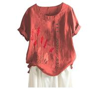 My Orders Linen Tops for Women UK Summer Short Sleeve Cotton Linen Shirts 2024 Fashion Crew Neck Button Blouses Dressy Casual Dandelion Print T-Shirts Ladies Elegant Loose Fit Tee
